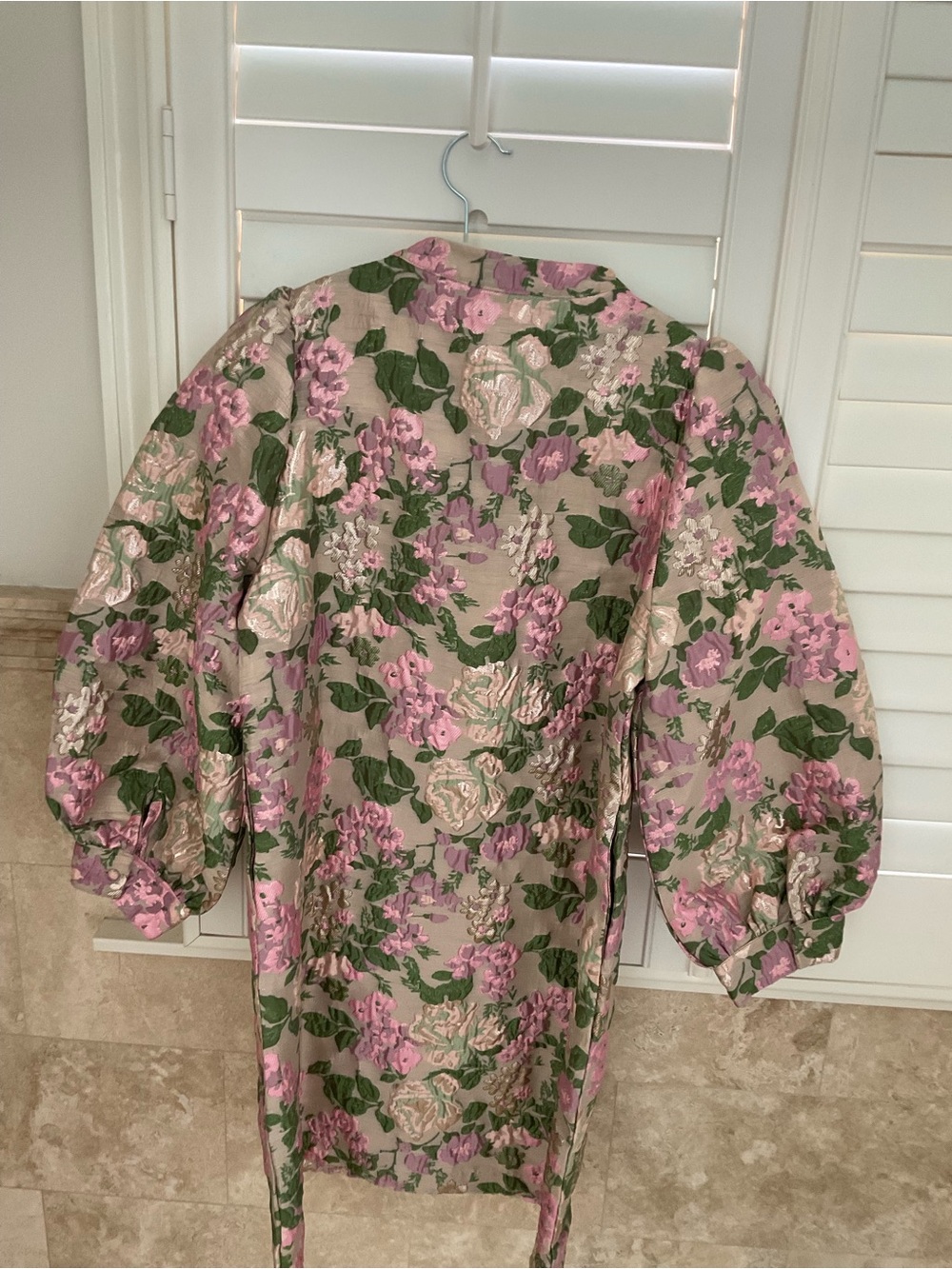 Floral Puff-Sleeve Trench Coat in Pink and Green
